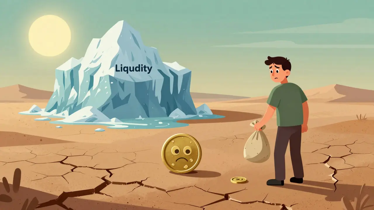 Illustration of a shrinking coin and melting liquidity iceberg