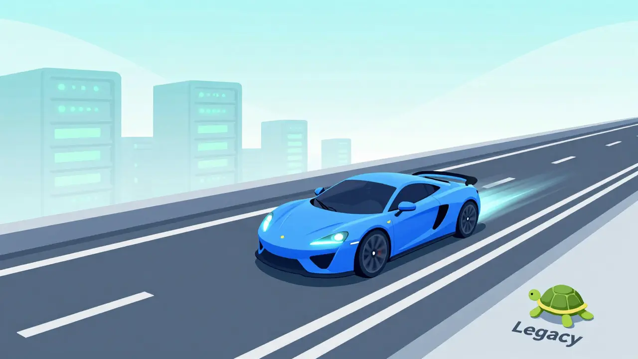 Illustration of fast Solana blockchain as a sleek highway race