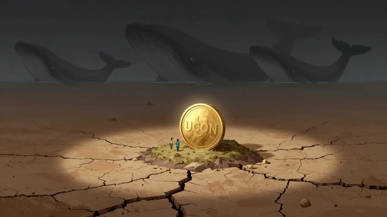 Illustration of thin liquidity with traders on a dry island and shadowy whales in the distance