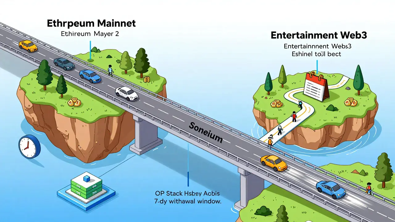 Illustration showing a bridge connecting Ethereum to Soneium for fast trading