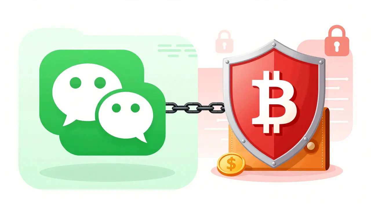 Illustration showing WeChat's split nature: encrypted chats vs blocked crypto payments.