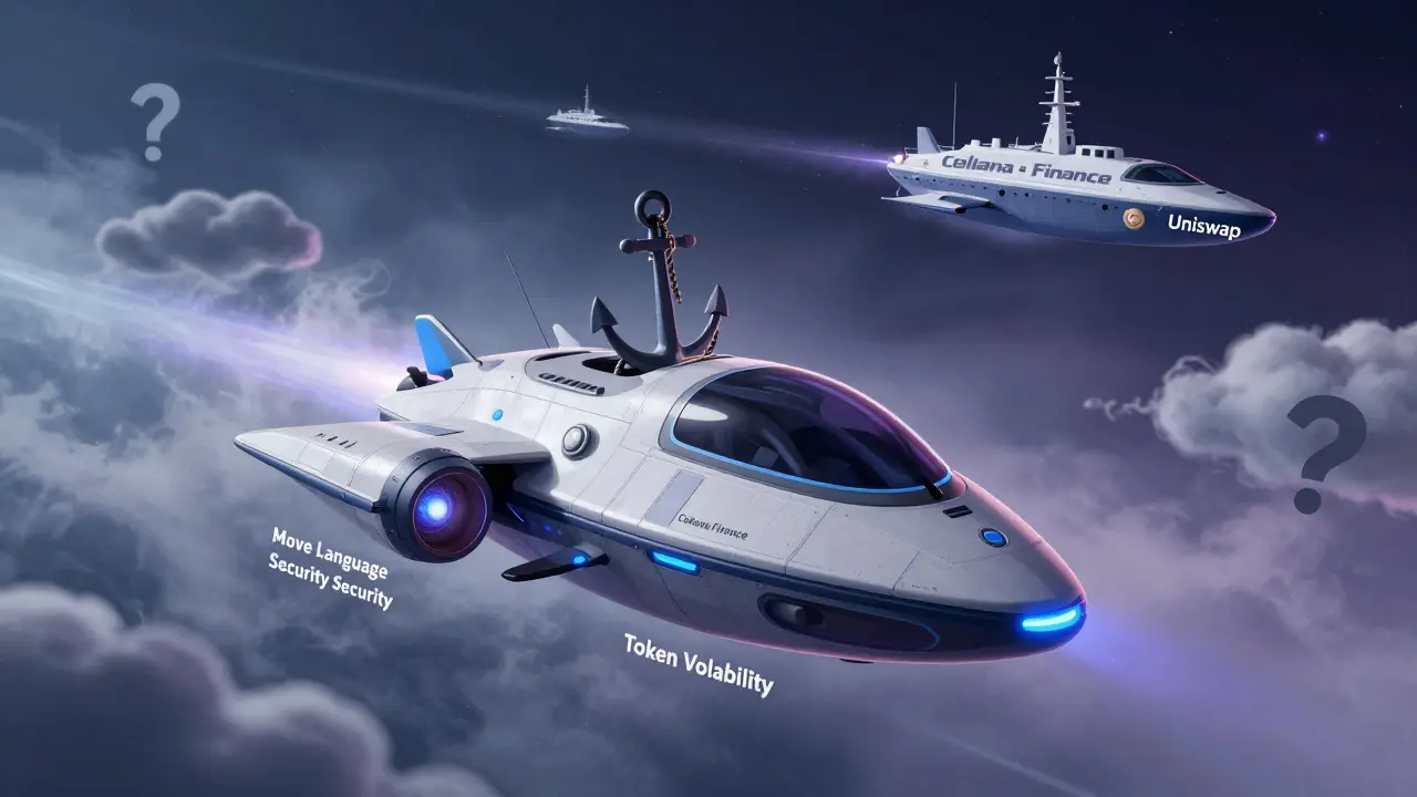 Metaphorical cartoon of a crypto project navigating risks and competition in DeFi.
