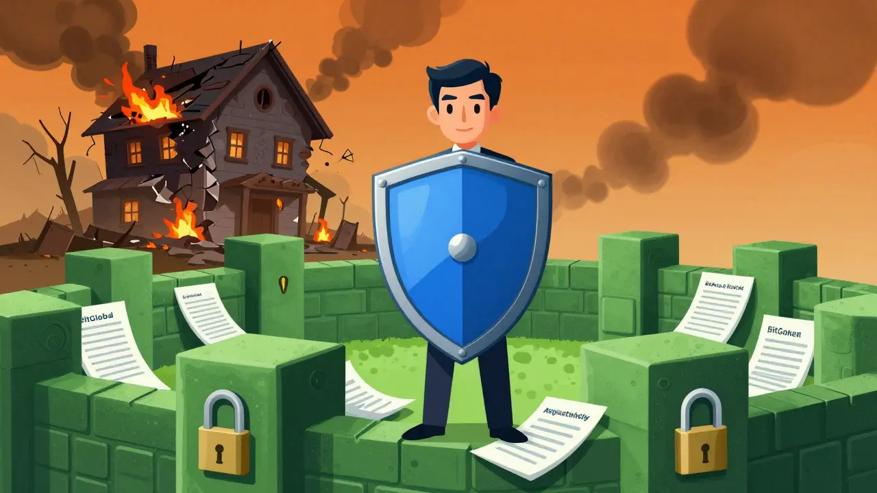 Secure investor behind a shield vs a burning, unsafe crypto exchange building