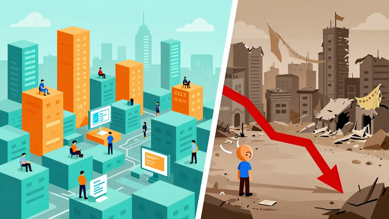 Split illustration comparing a thriving blockchain ecosystem to an abandoned, failed token project.