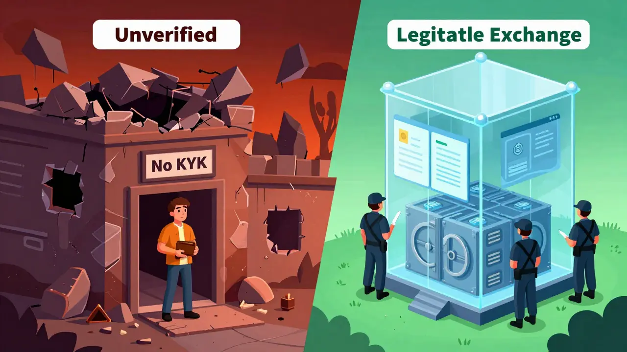 Split illustration contrasting unsafe unverified exchange with secure regulated platform