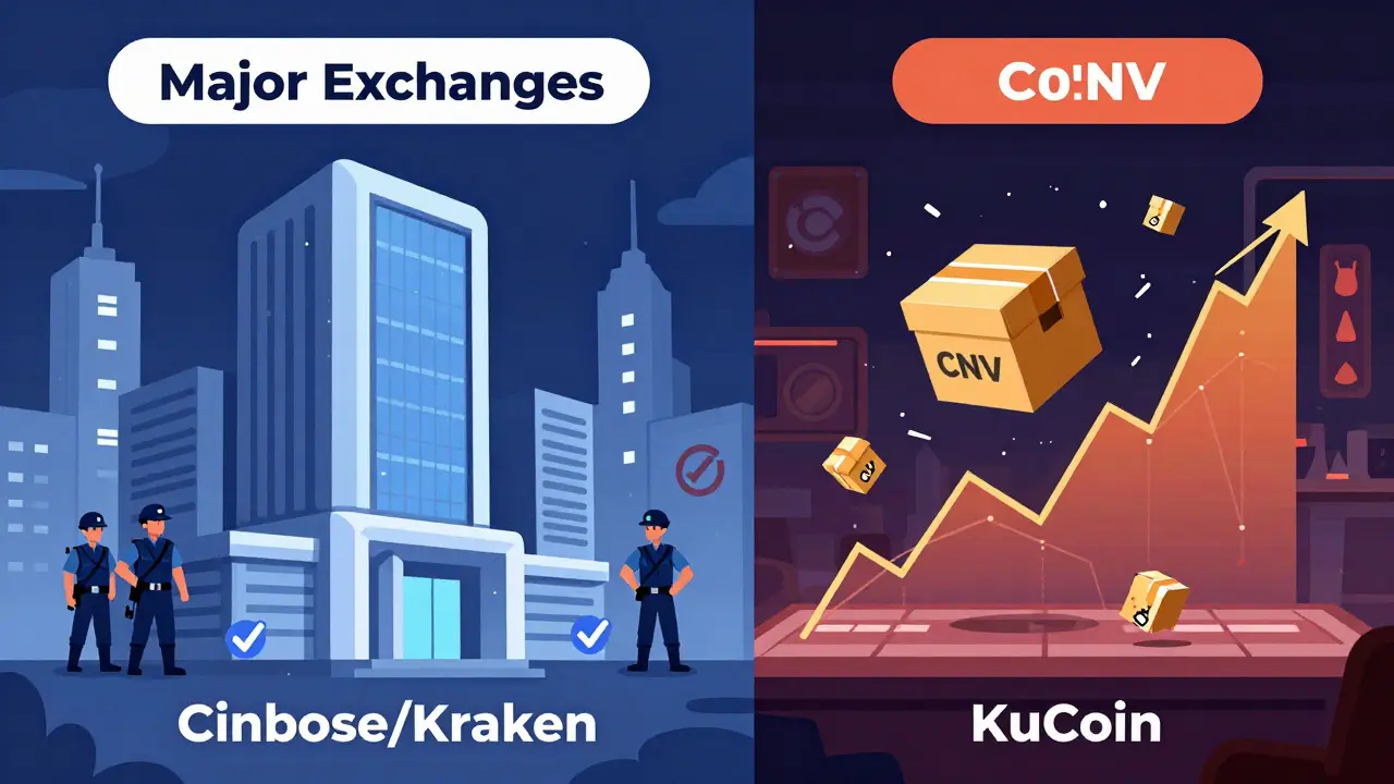 Split view showing safe regulated exchanges rejecting CNV vs chaotic high-risk trading on KuCoin.
