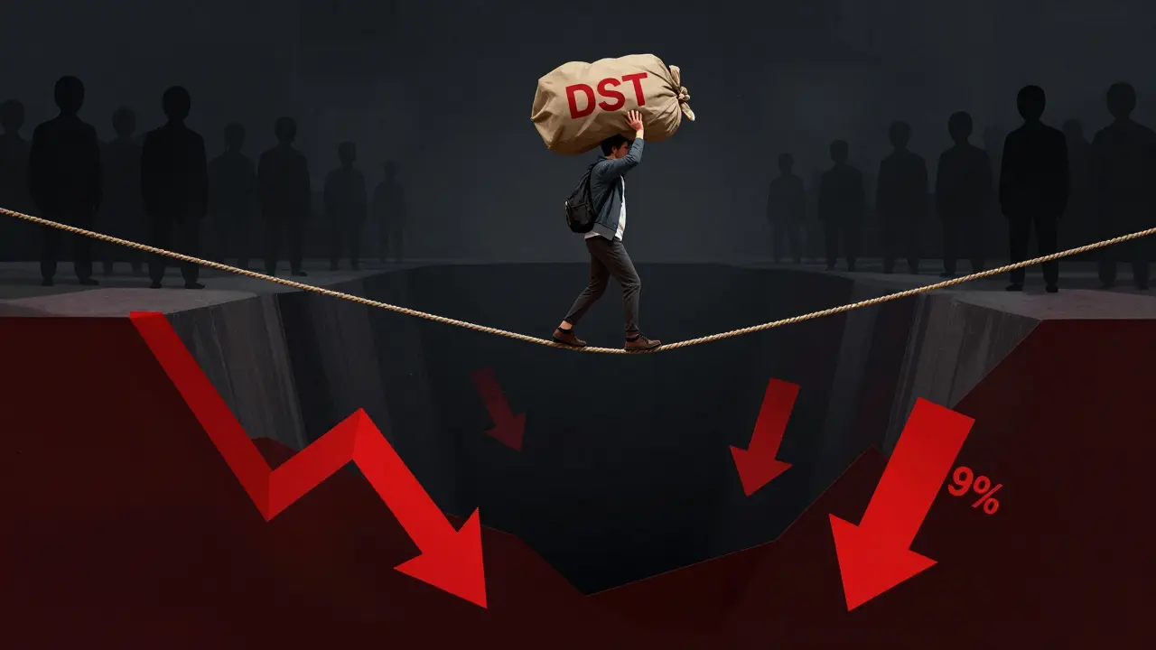 Trader balancing on a tightrope over an abyss with downward arrows