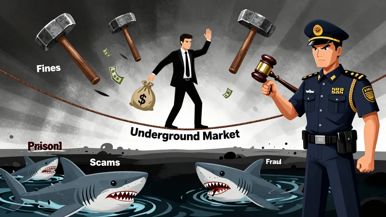 Trader facing legal risks and scams on a precarious tightrope