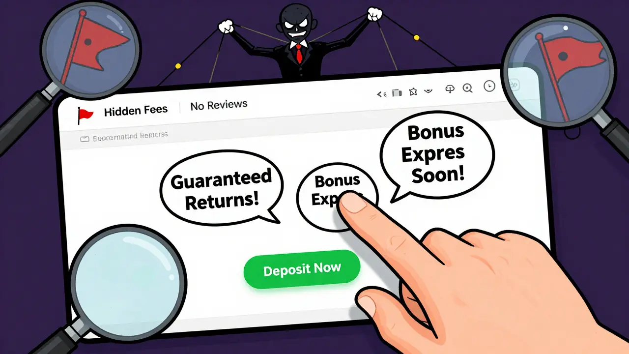 User hesitating to click deposit button amid urgent scam pop-ups and red flags