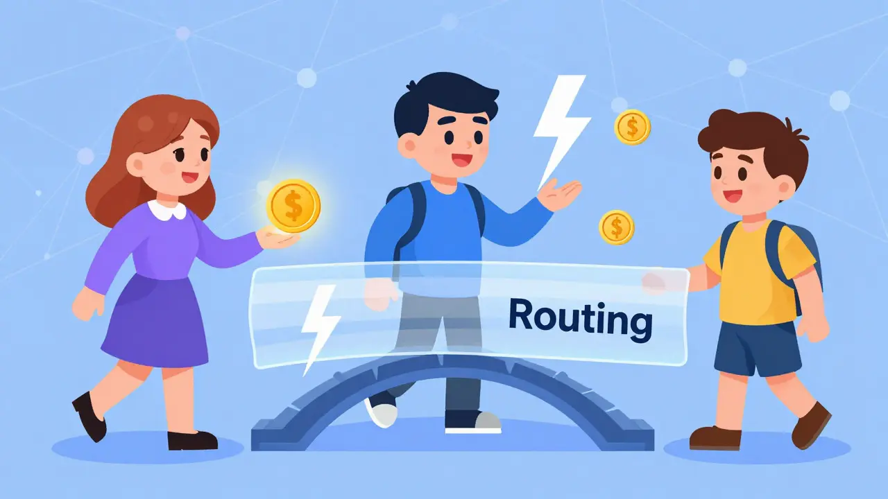 A colorful editorial illustration explaining how payment routing works in networks like the Lightning Network. It shows one person acting as an intermediary to pass a payment from a sender to a receiver instantly, highlighting the concept of network routing and small fees for services.