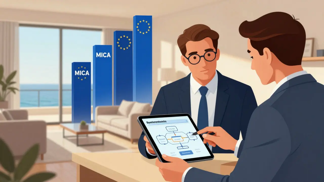 Advisor explaining crypto tax rules in a Maltese home