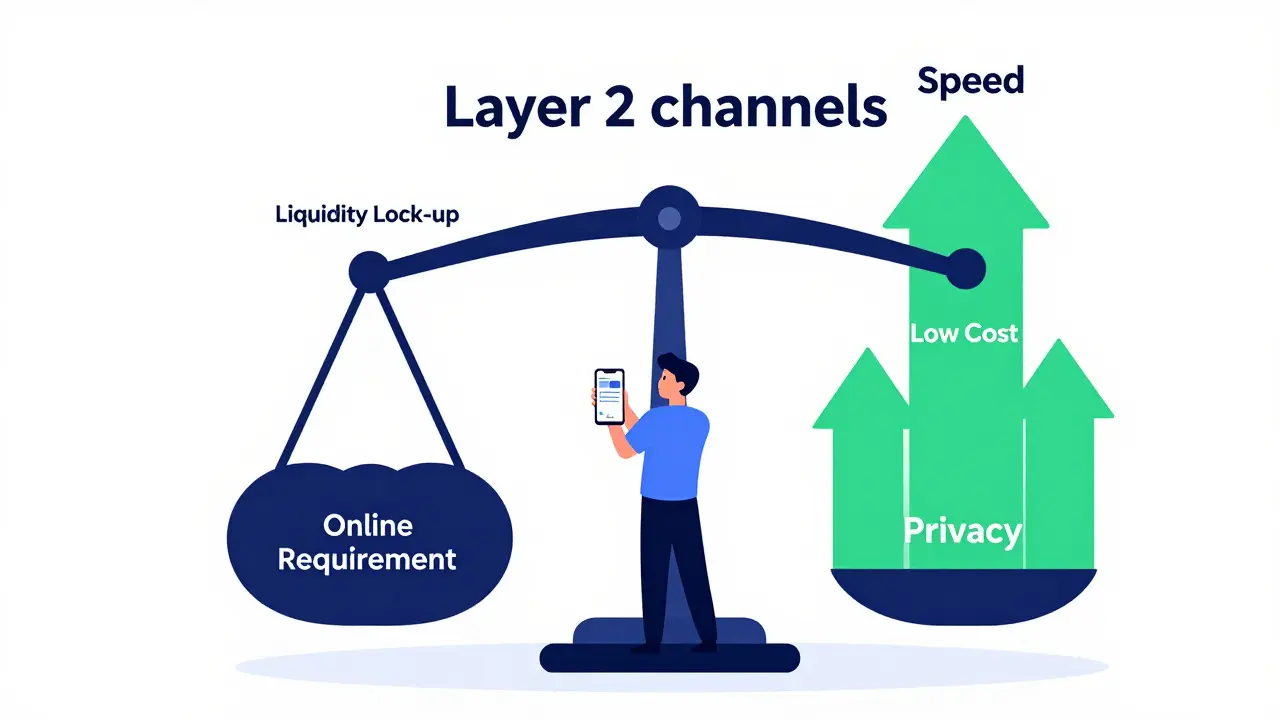 An editorial cartoon weighing the advantages and disadvantages of using Layer 2 blockchain channels. The illustration uses a balance scale to show that while channels offer speed, low costs, and privacy, they also require users to lock up funds and stay online, presenting a trade-off for scalability.