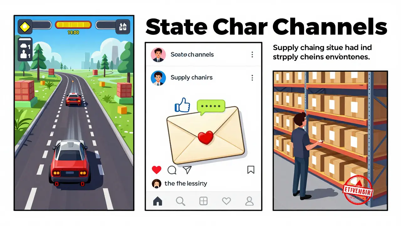 An editorial illustration showcasing practical use cases for state channels. The image features three vignettes: a blockchain video game, a decentralized social media platform batching interactions, and an enterprise supply chain system updating inventory data off-chain before settling on the main ledger.