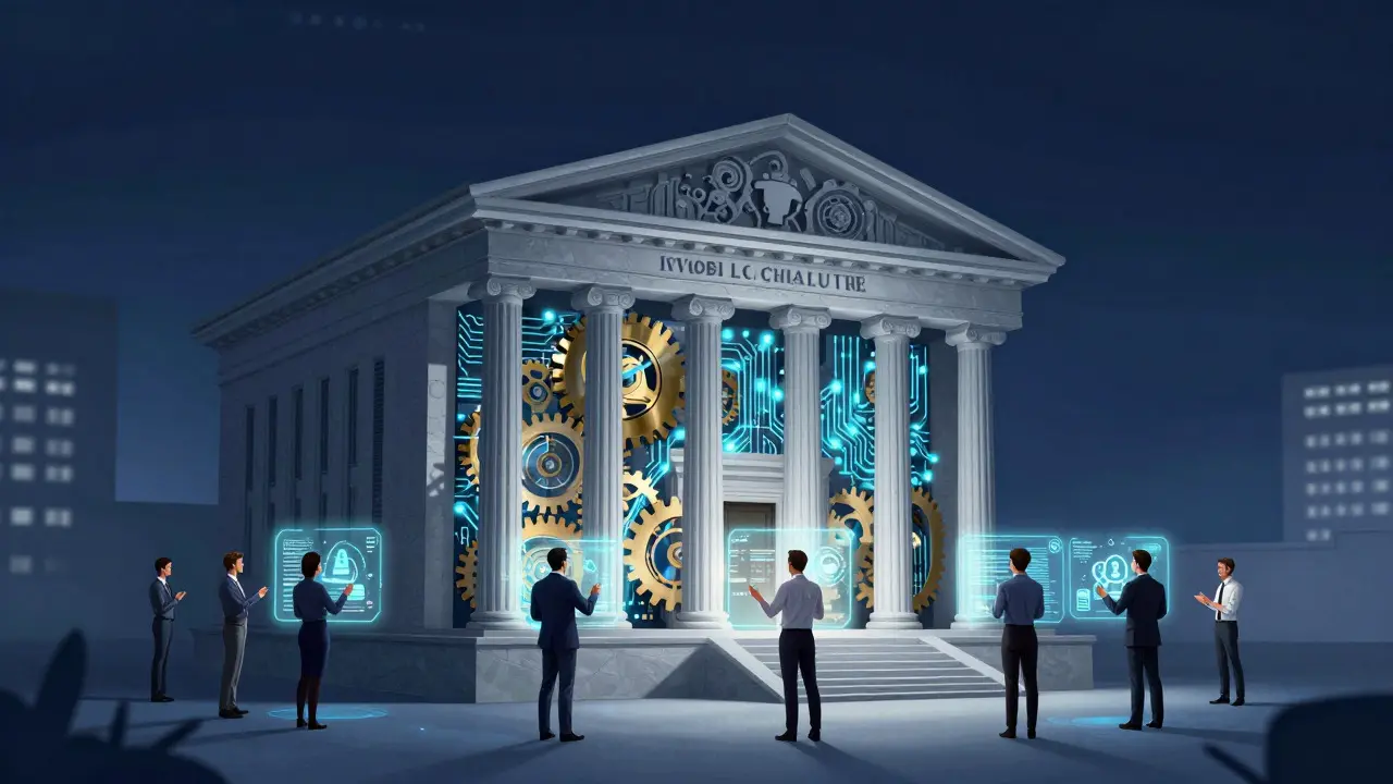 Bank building internals replaced by glowing circuits, showing tech integration