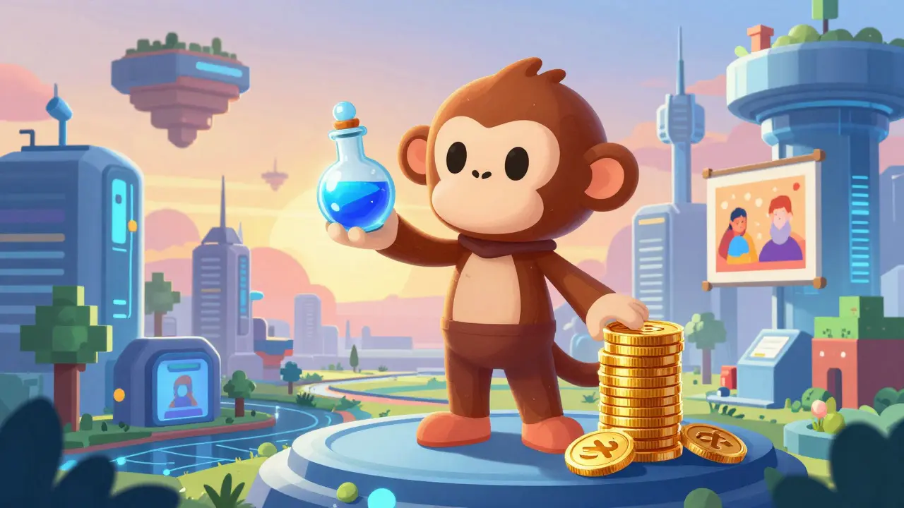 Cartoon character in a virtual metaverse holding potions and coins near digital buildings.