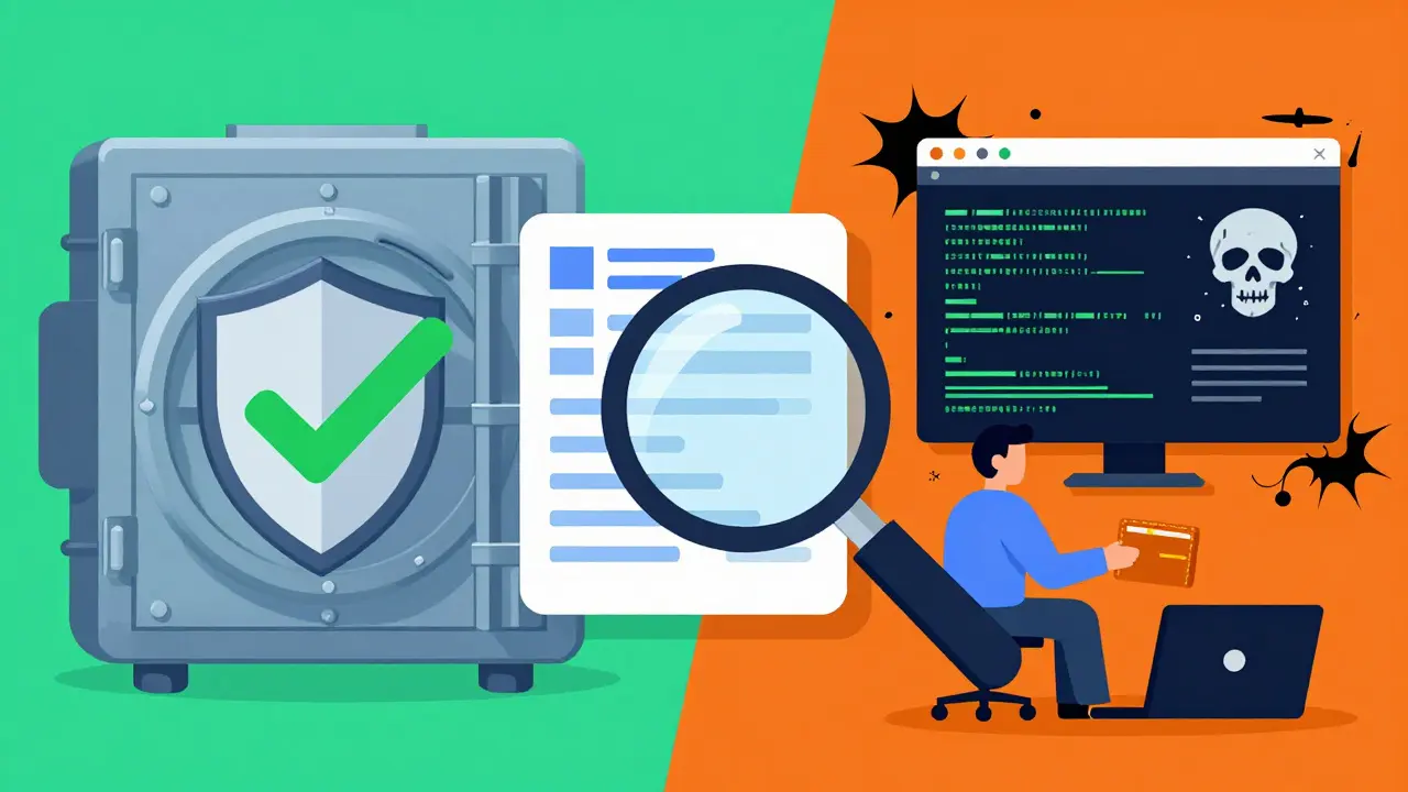 Cartoon comparison of secure crypto verification versus phishing scams