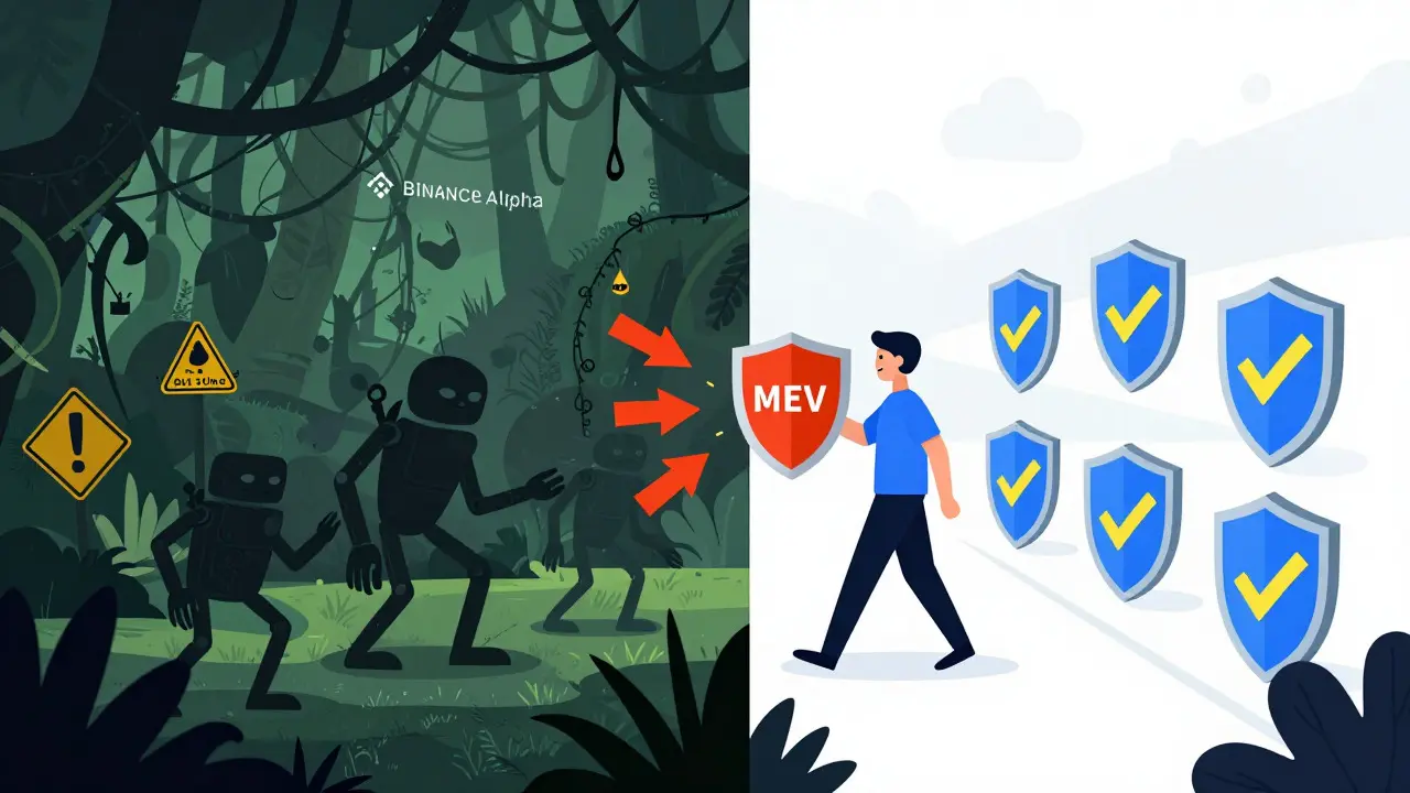 Cartoon comparison showing a safe, vetted path versus a chaotic jungle of risky decentralized exchanges.