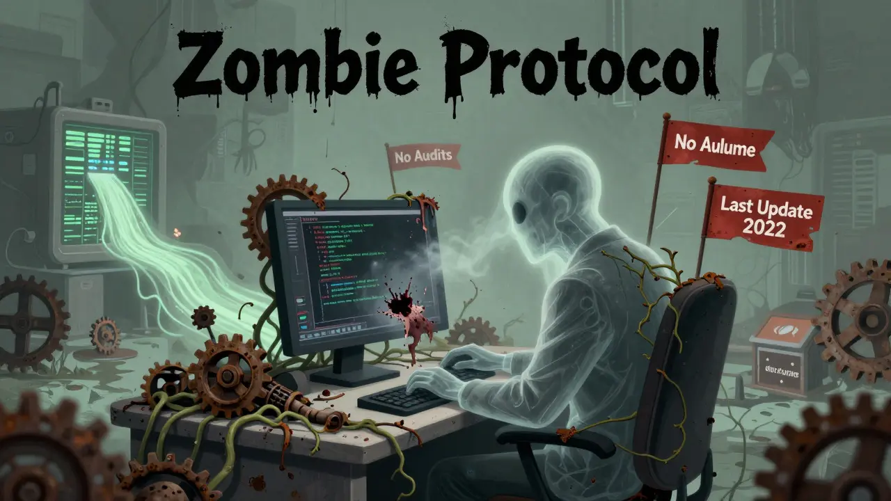 Cartoon of a zombie crypto protocol with decaying code and red warning flags