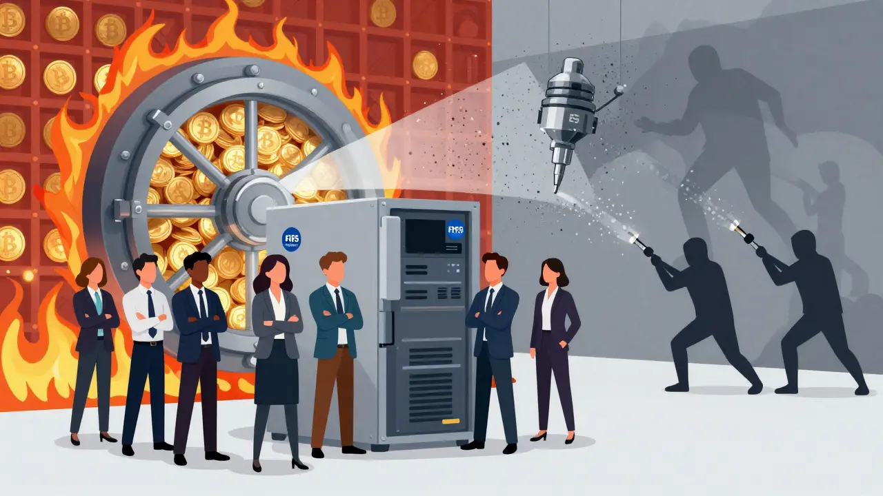 Cartoon of professionals using HSMs to protect crypto assets from hackers.