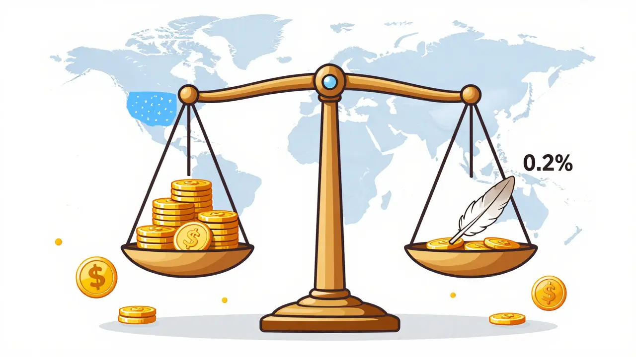 Cartoon scale showing low trading fees versus high user profits on a global map.