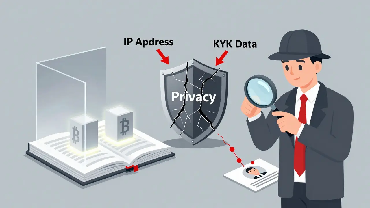 Cartoon showing how blockchain transparency and IP tracking reveal user identity
