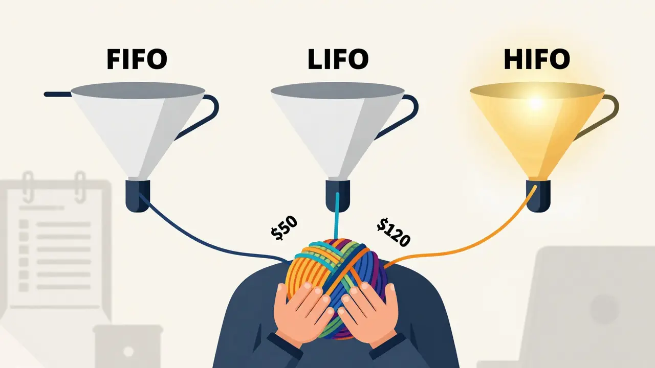 Conceptual art showing FIFO, LIFO, and HIFO tax calculation methods.