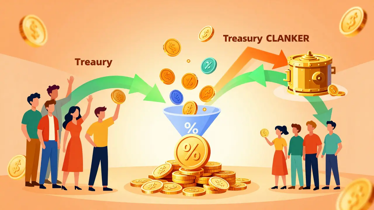 Diagram showing fee distribution, treasury buybacks, and creator rewards cycle