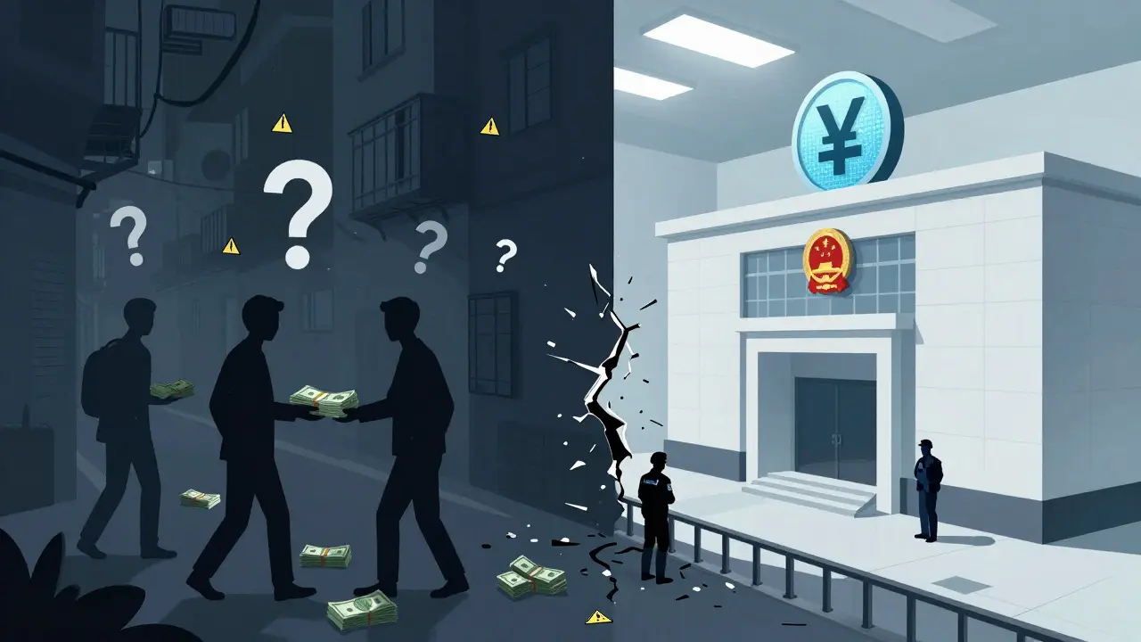 Editorial cartoon showing risks of informal crypto cash-out networks