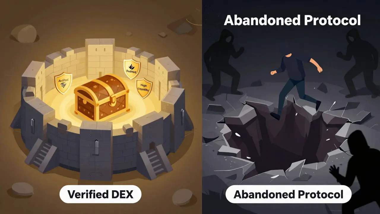 Editorial illustration comparing safe verified exchanges to risky abandoned ones