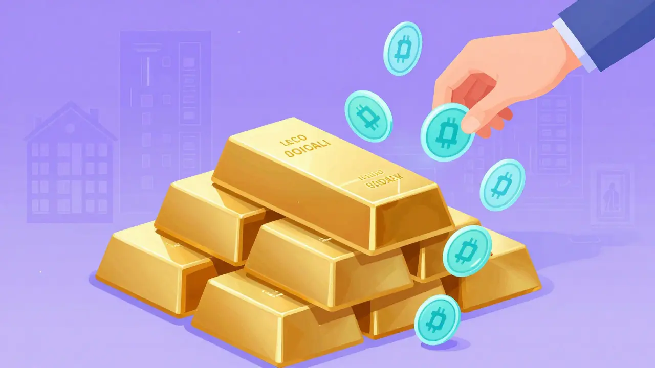 Gold bars transforming into floating digital tokens, symbolizing asset tokenization