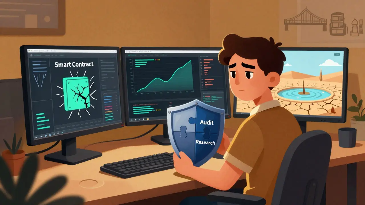 Illustration of a user managing DeFi risks and smart contract security