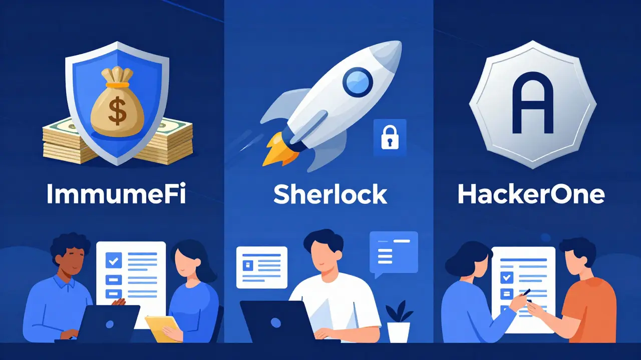 Illustration of major bug bounty platforms and diverse researchers submitting security reports.