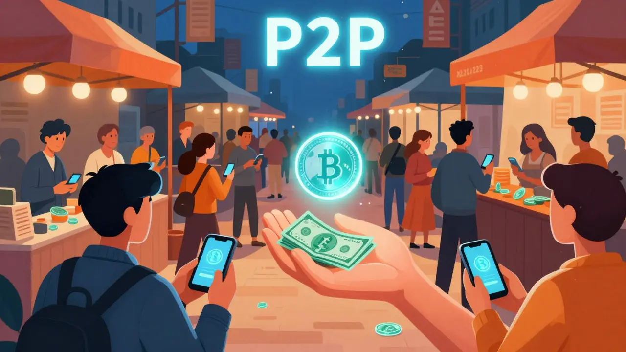 Illustration of Nigerians trading crypto via P2P markets outside banks