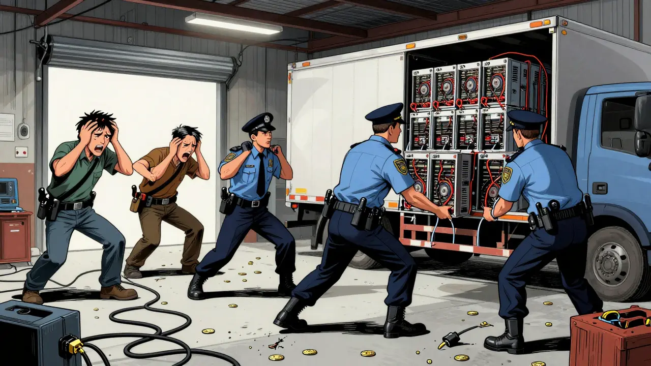 Illustration of police seizing crypto mining equipment from distressed operators during a raid.