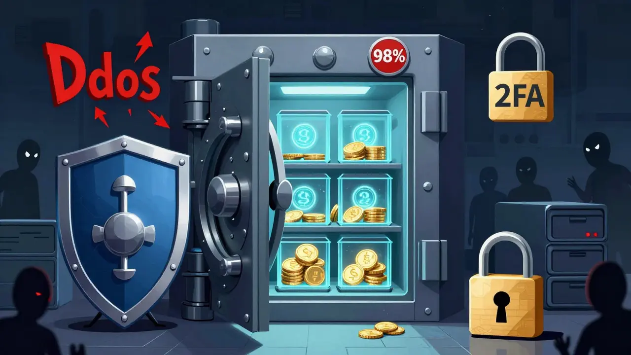 Illustration of secure cold storage vault protecting crypto assets from cyber threats.