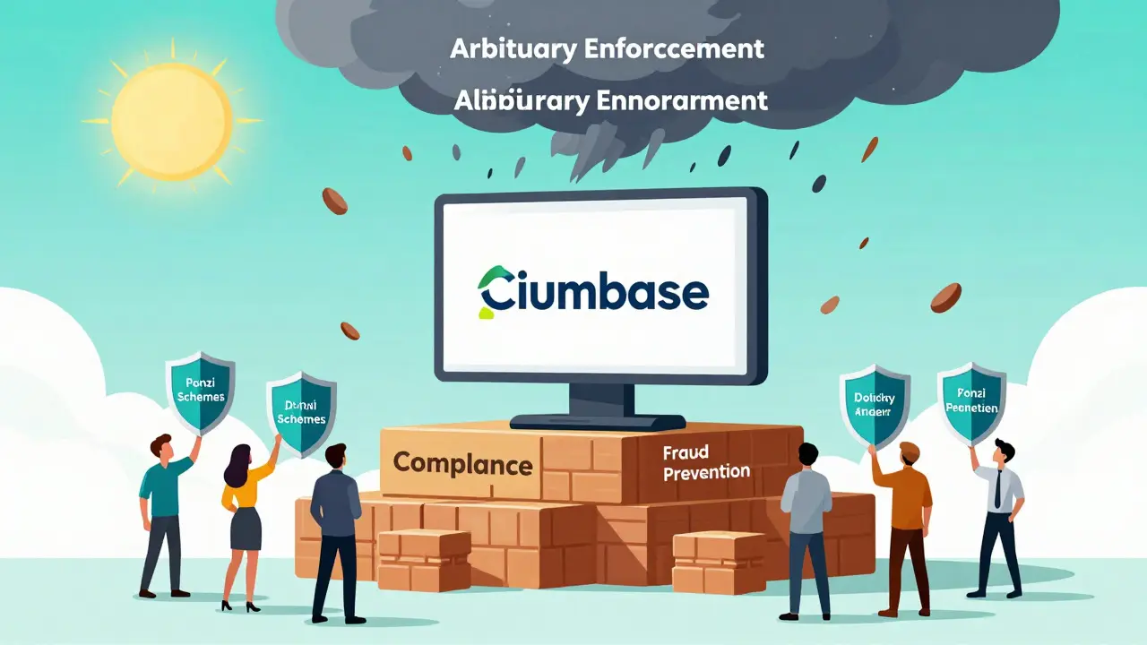 Illustration of stable crypto exchange rising as arbitrary enforcement fades
