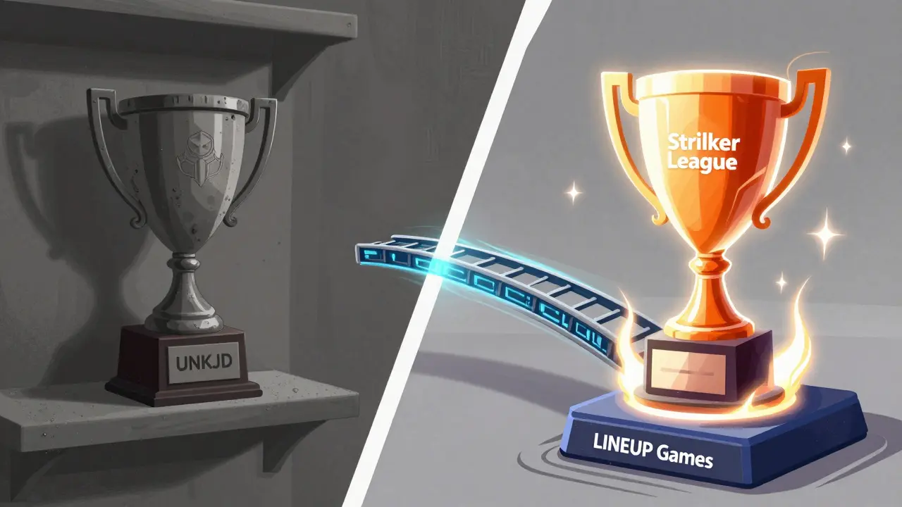 Illustration showing Striker League rebranding from UNKJD to LINEUP Games