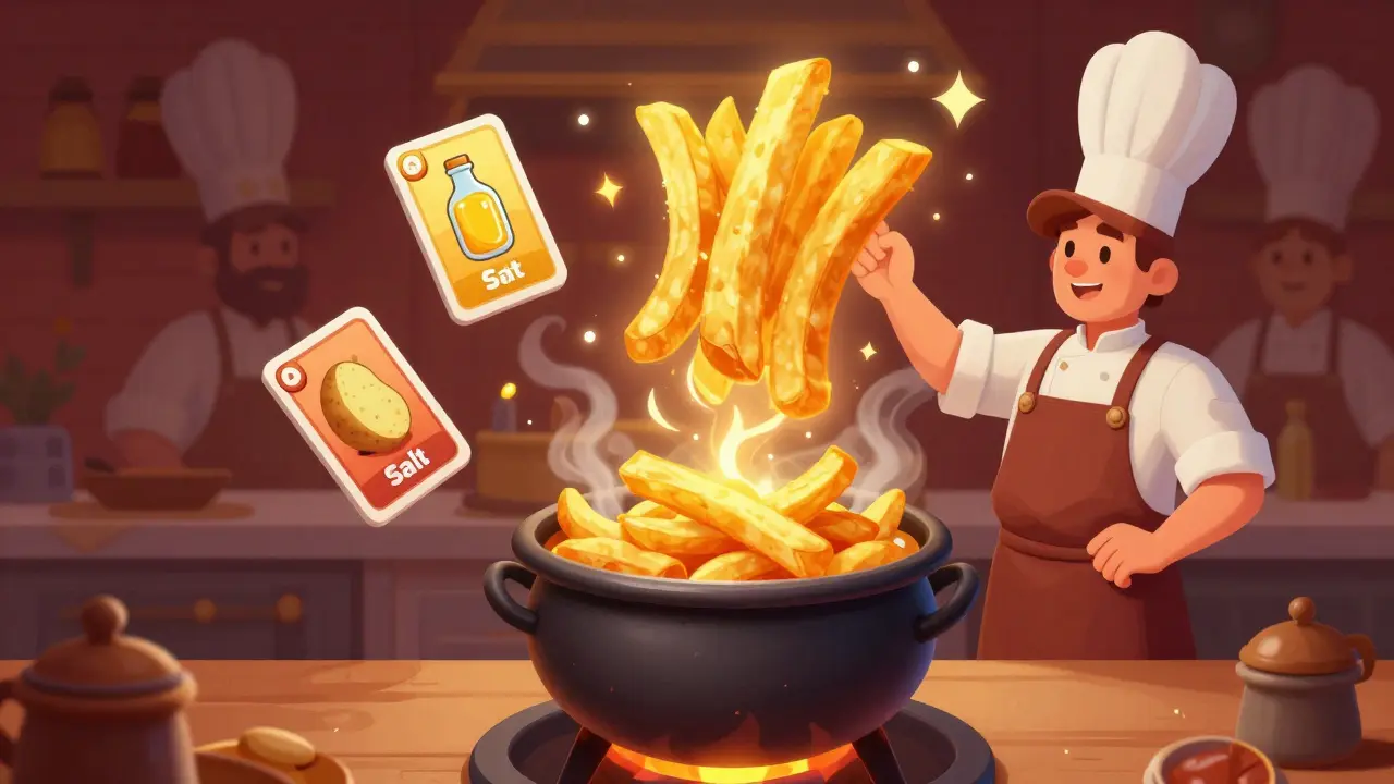 Ingredient NFTs dissolving in a magical oven to create a glowing French Fry dish.