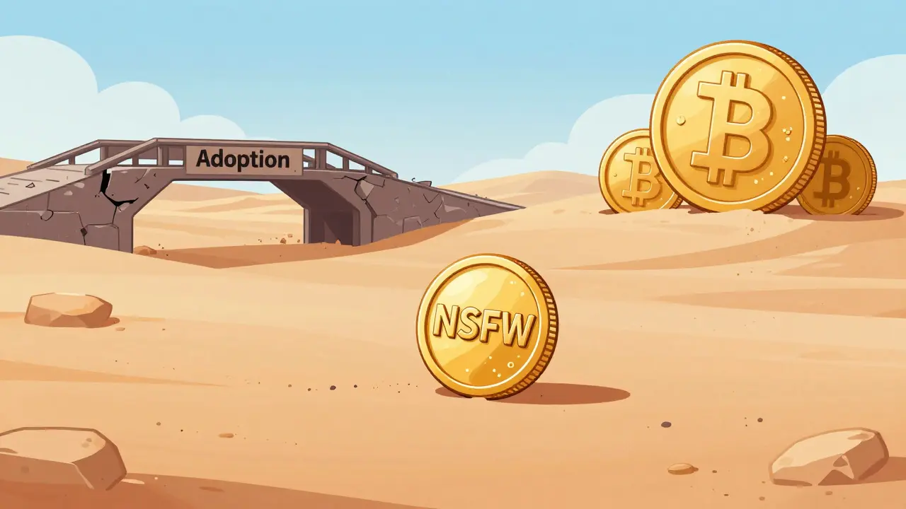 Isolated NSFW crypto coin on empty landscape symbolizing low adoption