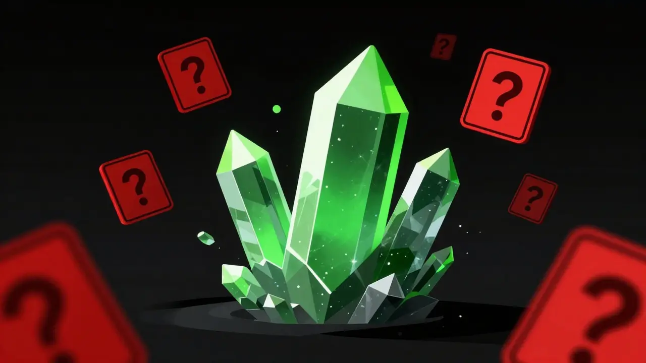 Jagged crystal half-hidden in shadow with warning signs indicating data opacity