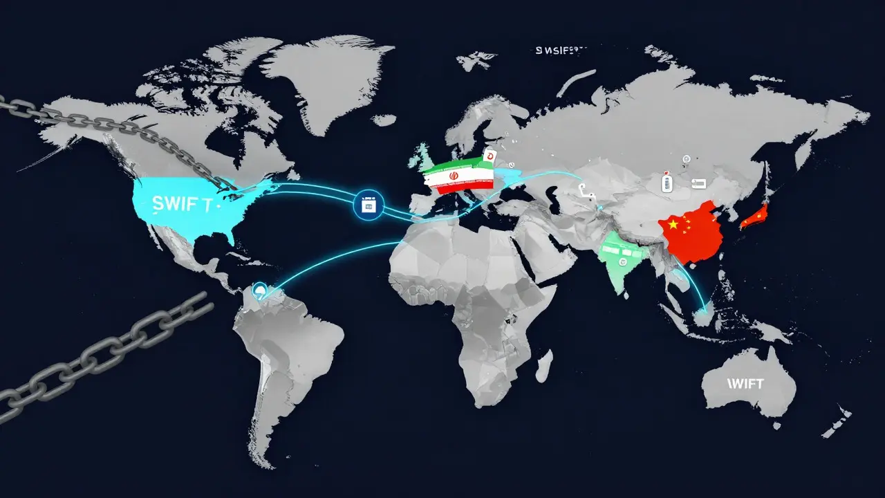 Map showing Iran's new crypto trade network replacing SWIFT.