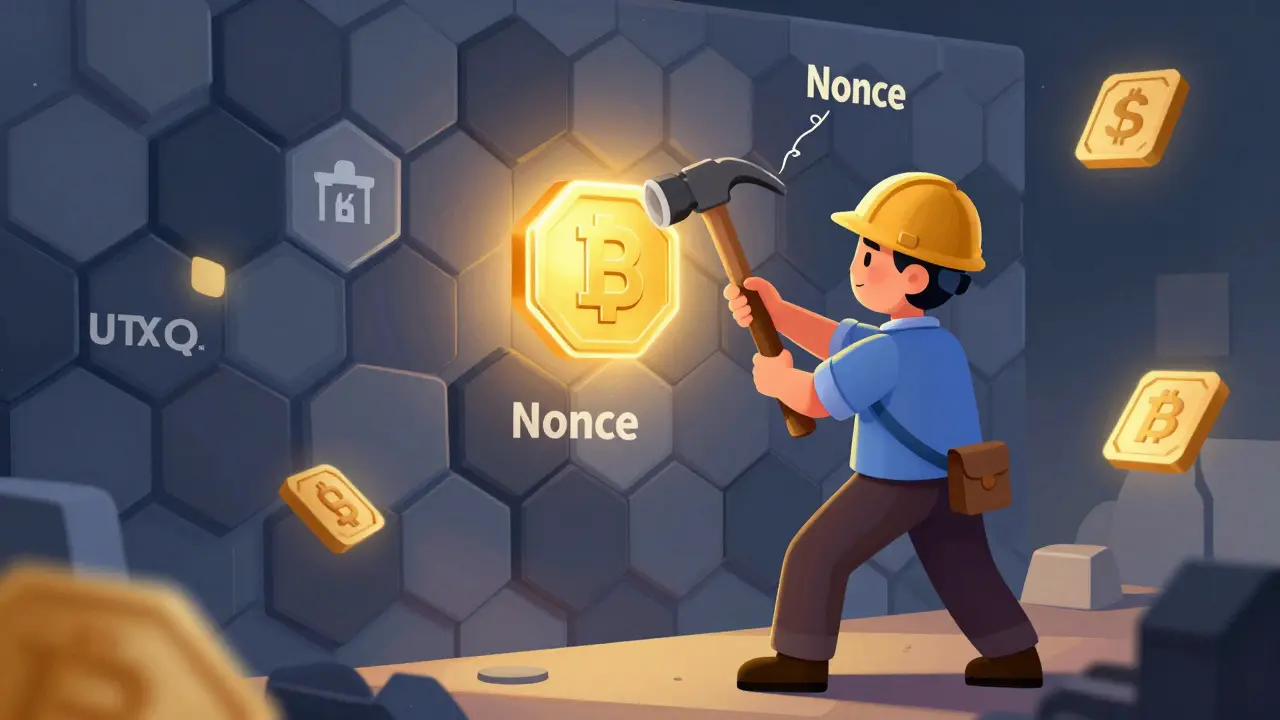Miner striking a glowing tile on a digital wall
