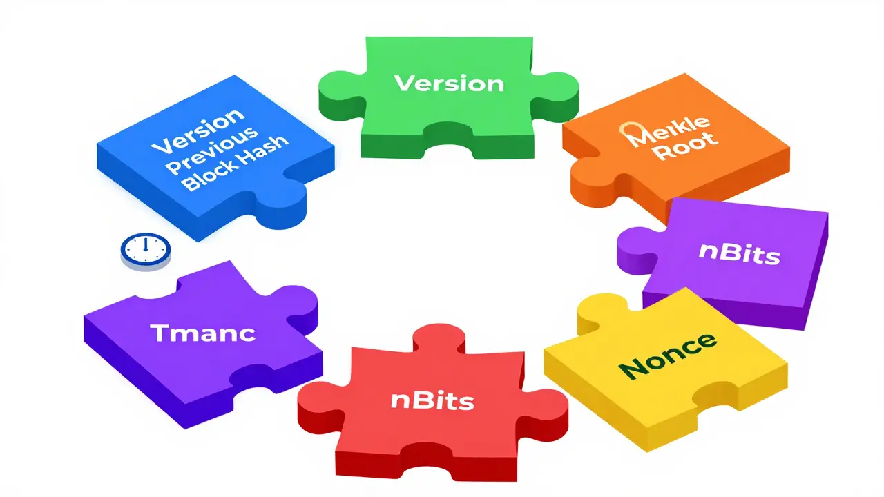 Six colored modules forming a circular block header