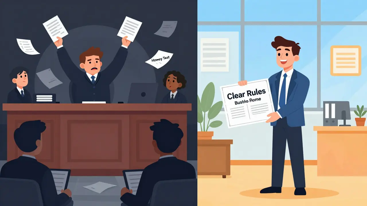 Split illustration contrasting chaotic old SEC enforcement with new clear rules