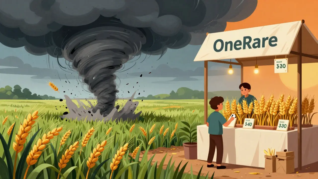 Split illustration showing storm damage to crops versus high market prices at a stall.