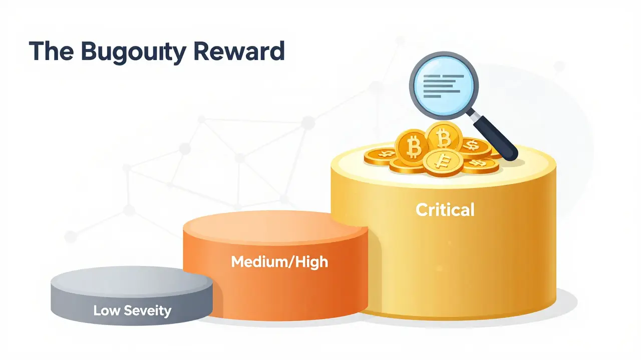 Tiered steps showing increasing bounty rewards from small to massive piles of crypto tokens.