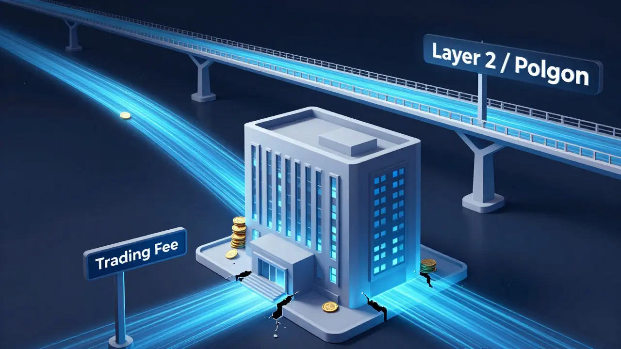 Visual metaphor for exchange fees versus low-cost Layer 2 bridges.