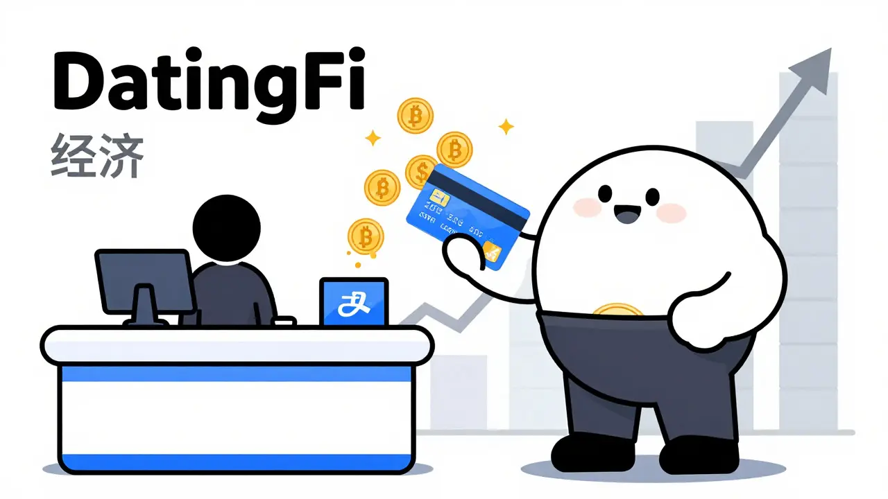 A cartoon character using a credit card to pay, with tokens flowing back to their pocket