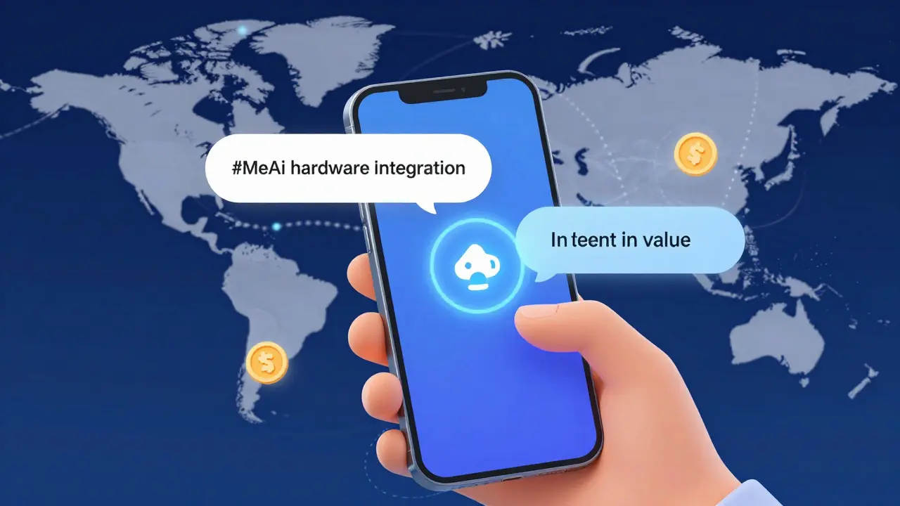 A smartphone displaying instant translation with global connections and floating tokens