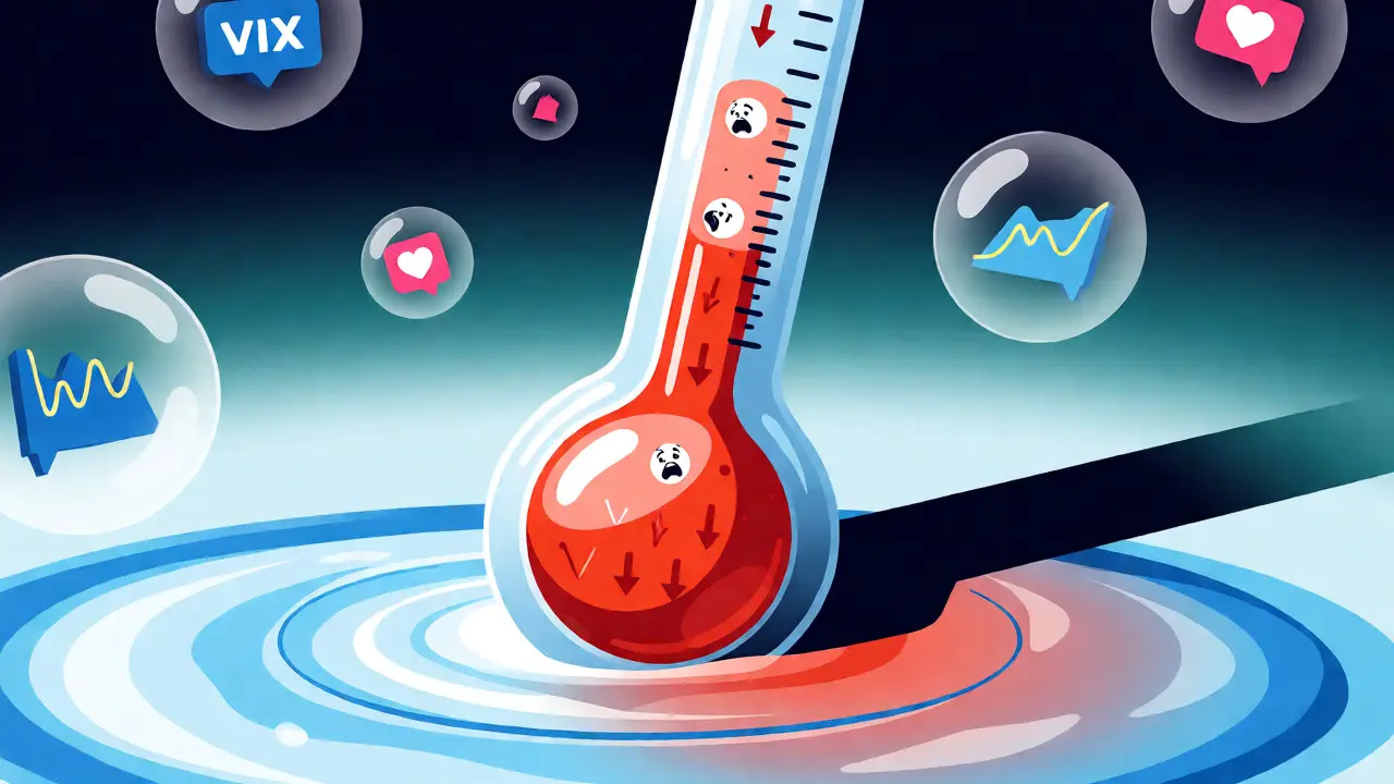 A stylized market thermometer measuring investor fear and greed with floating sentiment icons.